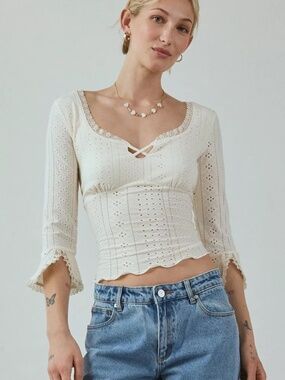 Kimchi Blue Zarina 3/4 Bell Sleeve Eyelet Knit Crop Top